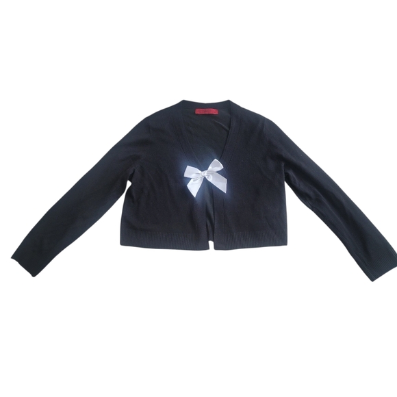 Chic Black V-Neck Cardigan with White Bow Size L - Picture 3 of 9